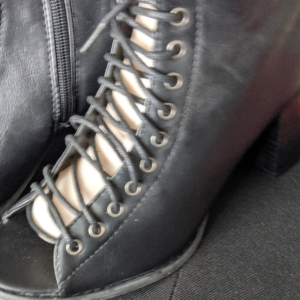 torrid Black Lace-Up Peep-Toe Mid Block Heel Boots - Picture 2 of 4